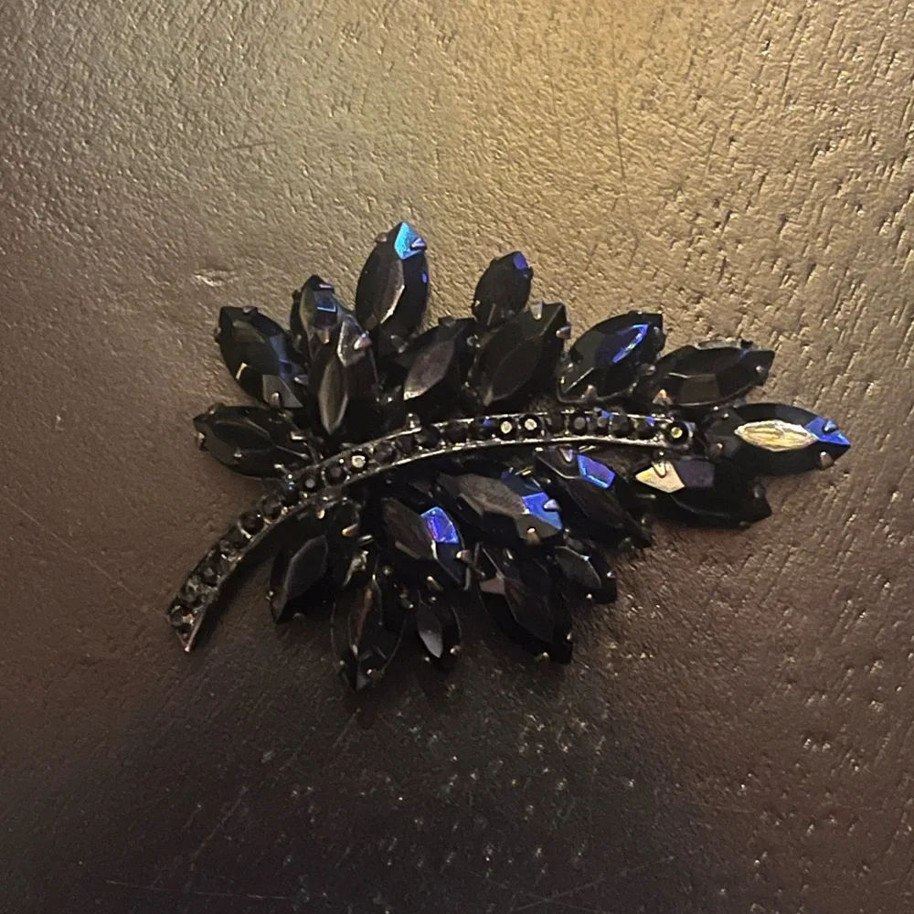 Vintage Jet Black Rhinestone Leaf Brooch